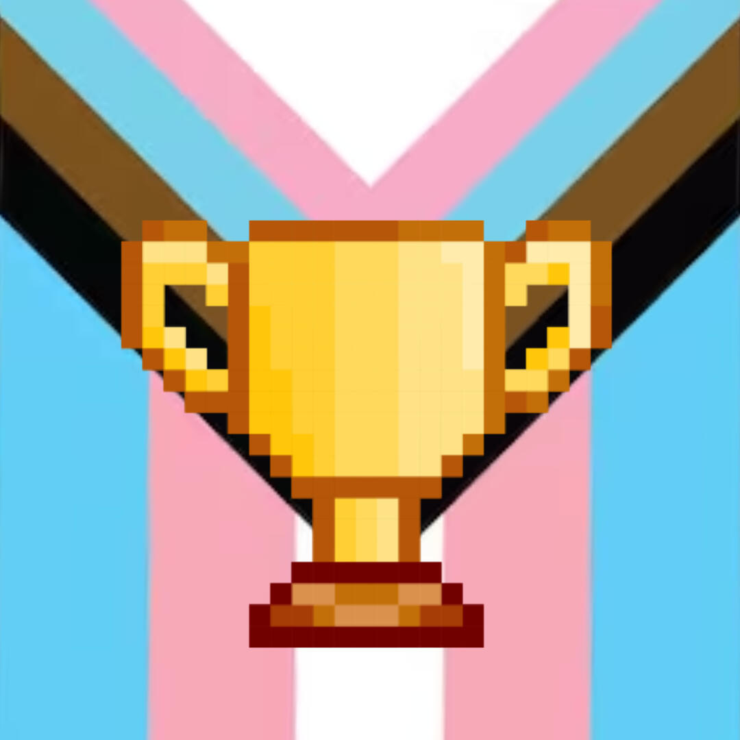 An inclusive trans pride flag with a speedrunning trophy in front of it.